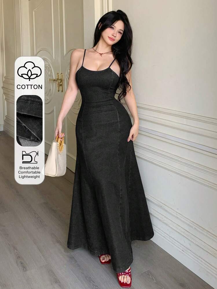 Summer & Spring Sleeveless Dress, Casual Vacation Street Slim Fit Flared Skirt A-Line Vintage Washed Black Mid-Length Denim Dress For Women