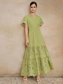 Anewsta 春夏新款法式浪漫优雅粉色镂空刺绣V领短袖高腰A字连衣裙，女装 - 綠色 - 查看 6