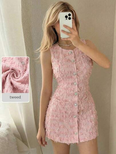 Modelyn Women's Elegant Textured Front Button Sleeveless Dress, Summer Brunch Dress Feminine Dress Summer Elegant Dress Rose Dress Cottagecore Dress Pink Sophisticated Dress Tweed Dress Pink Dress Button Dress Mini Dress Pink Textured Tweed Sleeveless Mini Dress Modest Round Neck Button Front Dress Luxury Textured Tweed Fabric Dress Elegant Fitted Bodice & Mini Skirt Silhouette Spring Break Modest Gala Outfit Coachella Festival Modest Feminine Look Garden Party Modest Sleeveless Mini Dress Premium Textu