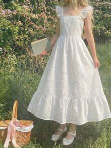 SHEIN 少女白色刺绣优雅短袖连衣裙 - 白色 - 查看 5