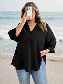 SHEIN CURVE+ Bluză neagră, casual, solidă, cu mânecă episcopală, mărime plus, ținute occidentale pentru femei, boho, hippie, cowgirl, boem, Old Money, vară, concert, festival rave, vară boho, Old Money, vară, vacanță de primăvară, festival rave, vacanță de primăvară/2026/Anul Nou - Negru - Vizualizare 3
