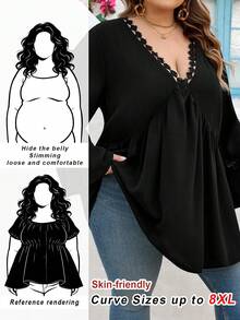 SHEIN CURVE+ 加大码 US22 音乐节、海滨度假、波西米亚风休闲白色喇叭袖波西米亚风亚麻衬衫 沙滩/海滩度假/海滩必备/毕业典礼/下午茶会 黑色娃娃衫上衣 - 黑色 - 查看 9