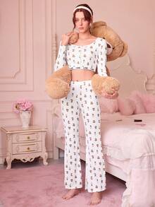 Bonmuse Women's Slim Fit Bear Print Crew Neck Long Sleeve Pajama Set - White - View 5