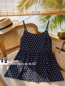SHEIN CURVE+ Curve 尺码 US22 音乐节、海滨度假、波西米亚海军蓝波点编织吊带背心（女款） - 藍色 - 查看 9