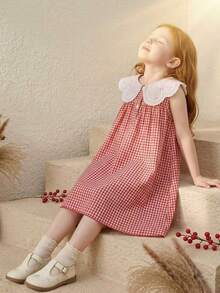 Đầm công chúa không tay cổ ren màu đỏ trắng kẻ caro năng động mới dành cho bé gái, thích hợp cho tiệc sinh nhật và mùa hè. - Đỏ - Xem 6