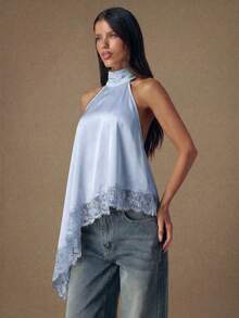 SHEIN BAE 優雅蕾絲拼接露背掛脖上衣，性感緞面無袖上衣，適合派對、雞尾酒會、正式場合、聖誕節、商務休閒 - 淺藍色 - 查看 5