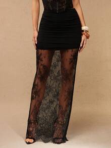 Silquee 女士夏季纯色撞色蕾丝透视A字裙 - 黑色 - 查看 1