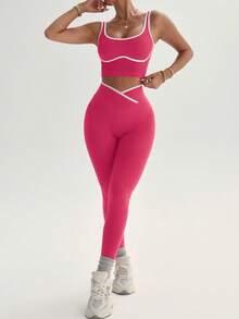Dewbera Conjunto deportivo sin costuras con bloques de color para mujer - Rosa Fucsia - Ver 4