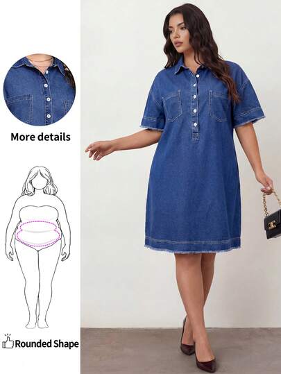 Enliva 大码夏季休闲纽扣前落肩牛仔中长连衣裙