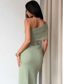 Aloruh Elegant Romantic Sexy Mesh Contrast Lace See-Through Waist One Shoulder Pleated Cold Shoulder Slim Fit Dress, Green Dress, Wedding Guest Dress, St. Patrick's Day Dress, Beach Holiday Dress - Green - View 2