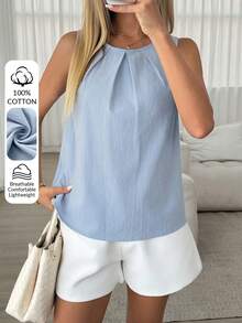 Easowa 女士圆领褶皱设计蓝色休闲背心 - 藍色 - 查看 1