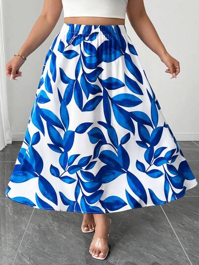 Elenzga Plus Size Women's Leaf Print Elastic Waist A-Line Skirt, Spring/Summer