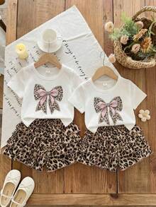 Emery Rose Kids Young Girl Summer Casual Leopard Print Bow T-Shirt And Ruffle Shorts Set - Khaki - View 2