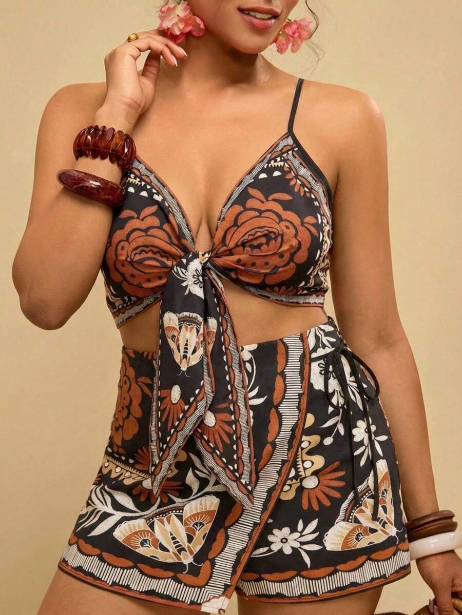 Travachic Plus Size Bohemian Style Casual Holiday Beach Shorts Pants With Tie Waist & Ruffle Trim For Women - Multicolor - View 1