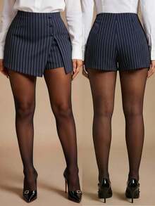 Radiana Women's Casual Commuter Striped Split Hem Shorts, Summer - Navy Blue - View 1