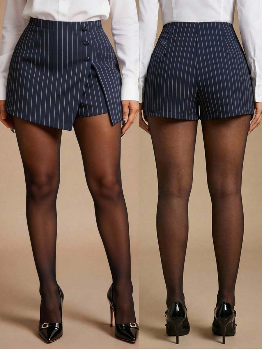 Radiana Women's Casual Commuter Striped Split Hem Shorts, Summer - Navy Blue - View 1