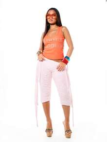 SUMWON WOMEN 镶钻坏女孩标语圆领无袖罗纹背心夏季节日派对俱乐部穿着修身橙色珊瑚色上衣 - 橘色 - 查看 3