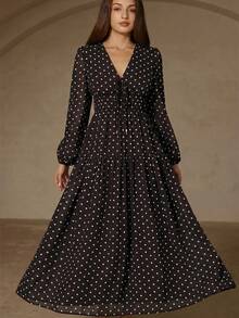 Aveloria Rosie 复古波点V领修身优雅系带长袖雪纺连衣裙 - 彩色 - 查看 6