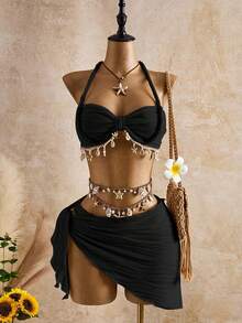 Bellisia 女士时尚米色波浪纹贝壳星形装饰吊带比基尼泳衣套装，春夏秋季 - 黑色 - 查看 3