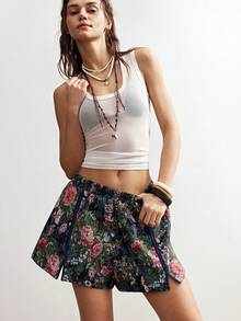 Bohemela Women's Casual Jacquard Weave Loose Shorts Floral Shorts Women's Shorts Summer Women's Shorts Casual Women's Shorts Summer Women's Board Shorts - Dark Green - View 2