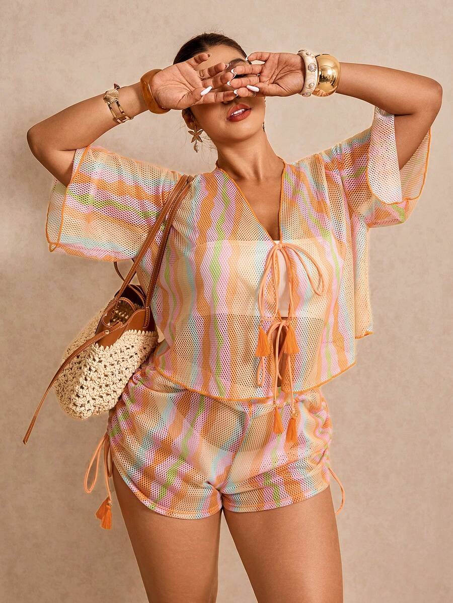 Elaquor 大码女士度假条纹前系带短袖和服上衣和短裤套装 夏季泳装 女士沙滩装 比基尼泳衣 - 彩色 - 查看 1