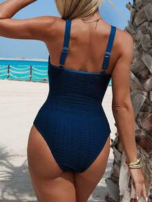Swim Lushoire 1pc Women's Deep V-Neck One-Piece Swimsuit With Metal Buckle Accent, Royal Blue - Navy Blue - View 2