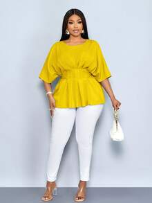 SOLERSUN Plus Size Women's Early Spring And Summer Dresses, Elegant Vacations, Casual Short Sleeves, Raglan Sleeves, Bat Sleeves, T-Shirts, Waist Belts, Woven Fabrics With Yellow Front Pleats, Daily Collocation, Shopping, Dating, Spring Break, Valentine's Day, And Fashionable Commuting. Yellow Summer Top Yellow Top Blouse Yellow Top For Women Elegant Blouse For Women Casual Elegant Latest Tops For Women New Arrivals - Mustard Yellow - View 4