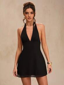 SHEIN BAE Đầm mini chiffon đen xẻ sâu cổ yếm hở lưng gợi cảm dành cho nữ, thích hợp cho mùa xuân/hè. - màu đen - Xem 7