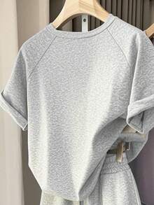 1 Set Tween Girls Casual Comfortable Fashion Minimalist Versatile Creative Cute Cherry Print Raglan Sleeve Top And Shorts Summer Outfits - Grey - View 2