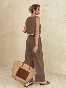 SHEIN Frenchy Bộ đồ nữ đi nghỉ mát thường ngày, gồm áo hai dây và quần dài phối màu tương phản. - Màu Khaki - Xem 2