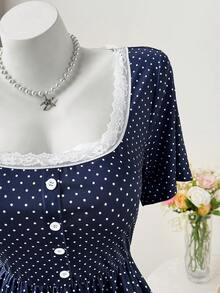 Sweetra 方领拼接纽扣波点腰部A字短袖针织优雅复古休闲可爱大码女式T恤 - 藍色 - 查看 5