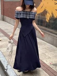 DAZY 女士露肩格子撞色拼接短袖上衣和长裙休闲两件套，性感时尚女士家居服套装，女士短款套装 - 藏蓝色 - 查看 5