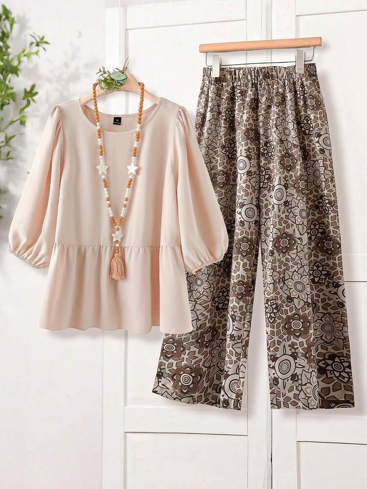 Plus Size Women's Solid Color Lantern Sleeve Ruffle Hem Shirt And Floral Print Pants Casual Suit,Summer Dresses For Women,Spring Outfit Women ,Vacation Outfits Women Women Outfit Set Women's Outfit Sets 2pc Sets For Women Casual Sets For Women Spring Outfits For Women Set Women Casual Outfits Women Outfits Sets Women's Summer Outfits Women Clothes Sets