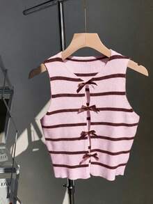 Comfortcana 女士休闲简约粉棕条纹蝴蝶结装饰无袖针织上衣，适合学生穿着 - 淺粉色 - 查看 6