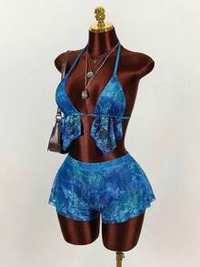 Amplova 女士春季新款蕾丝渐变图案低胸吊带背心和低腰短裤套装 - 彩色 - 查看 4