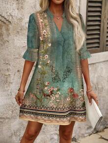 EMERY ROSE Plus Size Women Floral Print Ruffle Sleeve Vacation Dress, Suitable For Summer Bohemian Short Boho - Multicolor - View 5