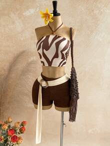 Soleia Women's Sexy Backless Halter Top And Shorts 2 Pieces Set, Vacation Outfit - Multicolor - View 3