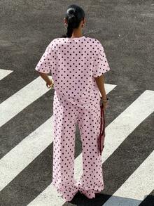 Muchica 女士休闲粉色波点宽松T恤和阔腿裤套装，适合外出、街头风、Y2K时尚、春夏穿着，阔腿裤套装 - 粉色 - 查看 2