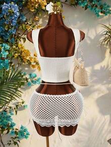 Amplova Women's White Contrast Lace Hollow-Out Skirt Summer Boho Beach Holiday Outfits, Y2k Spring Festival Easter Skirt,Elegant Wedding Guest Party Skirt - Apricot - View 3