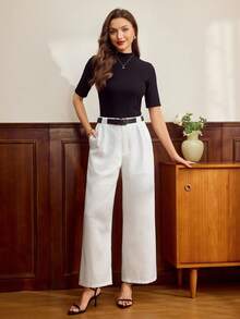 Vintamour Vintage Classic Elegant Women's Pants,White,Autumn,Casual,Brunch,Fitted Waist,Pockets,Spring/Summer Wideleg Linen Trousers For Work Office Festival - Beige - View 7