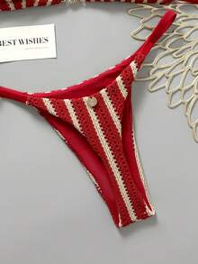 Swim Mod Women's Spring/Summer New Special Fabric Metal Decor V-Neck Halter Backless Triangle Bikini Top And Bottoms Two Pieces Swimwear - Red - View 4