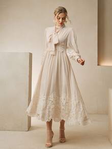 Anewsta Đầm ren phối ren hiện đại, thanh lịch, cổ đứng, thắt nơ, tay phồng. - Màu be - Xem 4