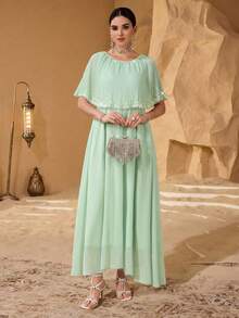 Modelyn Elegant And Luxurious Rhinestone Decorated Chiffon Pleated Shawl Collar Slimming Commuter Dress Tea Party Mint Green Summer - Mint Green - View 6