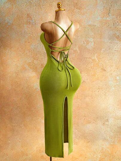 Mistrie Women's Sexy Vacation Style Minimalist Solid Color Backless Tie Strap Split Hem Fitted Camisole Dress, Summer