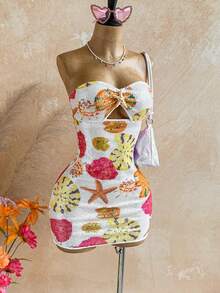 body con mini de mujer con textura de punto blanco para vacaciones, sin tirantes, con escote calado, fruncido, con decoración de estrella de mar metálica, sexy para fiesta, cita, playa, resort de verano - Multicolor 2 - Ver 8