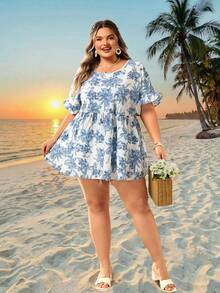 SHEIN CURVE+ Áo kiểu nữ dáng suông US22, họa tiết hoa, cổ tròn, viền bèo nhún, thích hợp cho lễ hội âm nhạc, kỳ nghỉ bên bờ biển, phong cách Bohemia. - Xanh và trắng - Xem 6