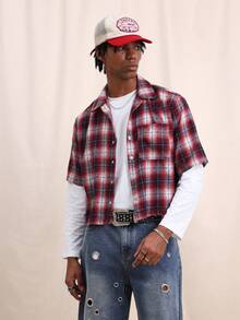 SUMWON Men's Crop Fit Plaid Shirt With Back Graphics Short Sleeve Button Down Collared Checked Flannel Distressed Red White Black Pattern Casual Summer - Black - View 2