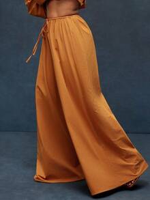 Solid Woven Drawstring Adjustable Waist Wide Leg Flowy Pants - Redwood - View 3