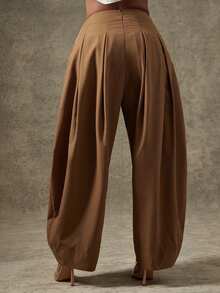 Vixey High Waist Pleated Detail Barrel Leg Office Pants, Office Work Wear - Brown - View 4