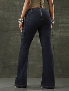 Denimoi Quần jeans ống loe nữ đa năng, phù hợp cho việc đi làm, với thiết kế buộc dây có khoen. - Rửa tối - Xem 2